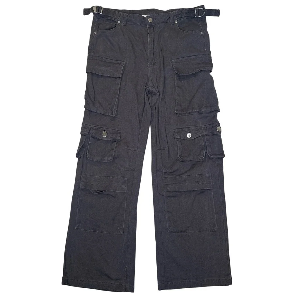 Y2K 90s Quiet Luxury Cargo Pants Black Multi Pocket Utility Wide Leg LARGE - Picture 1 of 9